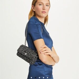 NWOT Tory Burch Black Metallic Tweed Quilted Crossbody Bag with Chain Strap